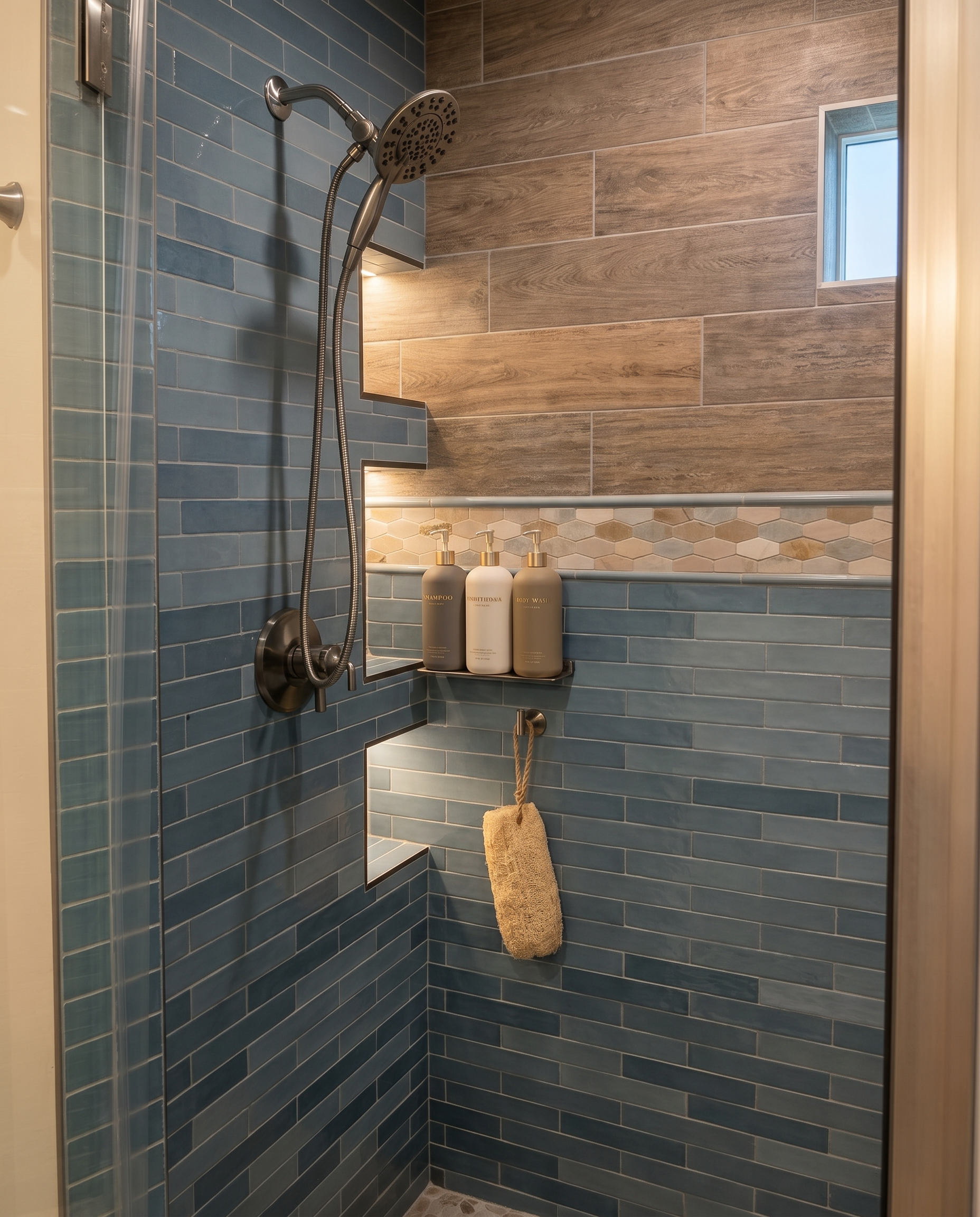 Coastal Blue Tile Walk-In Shower